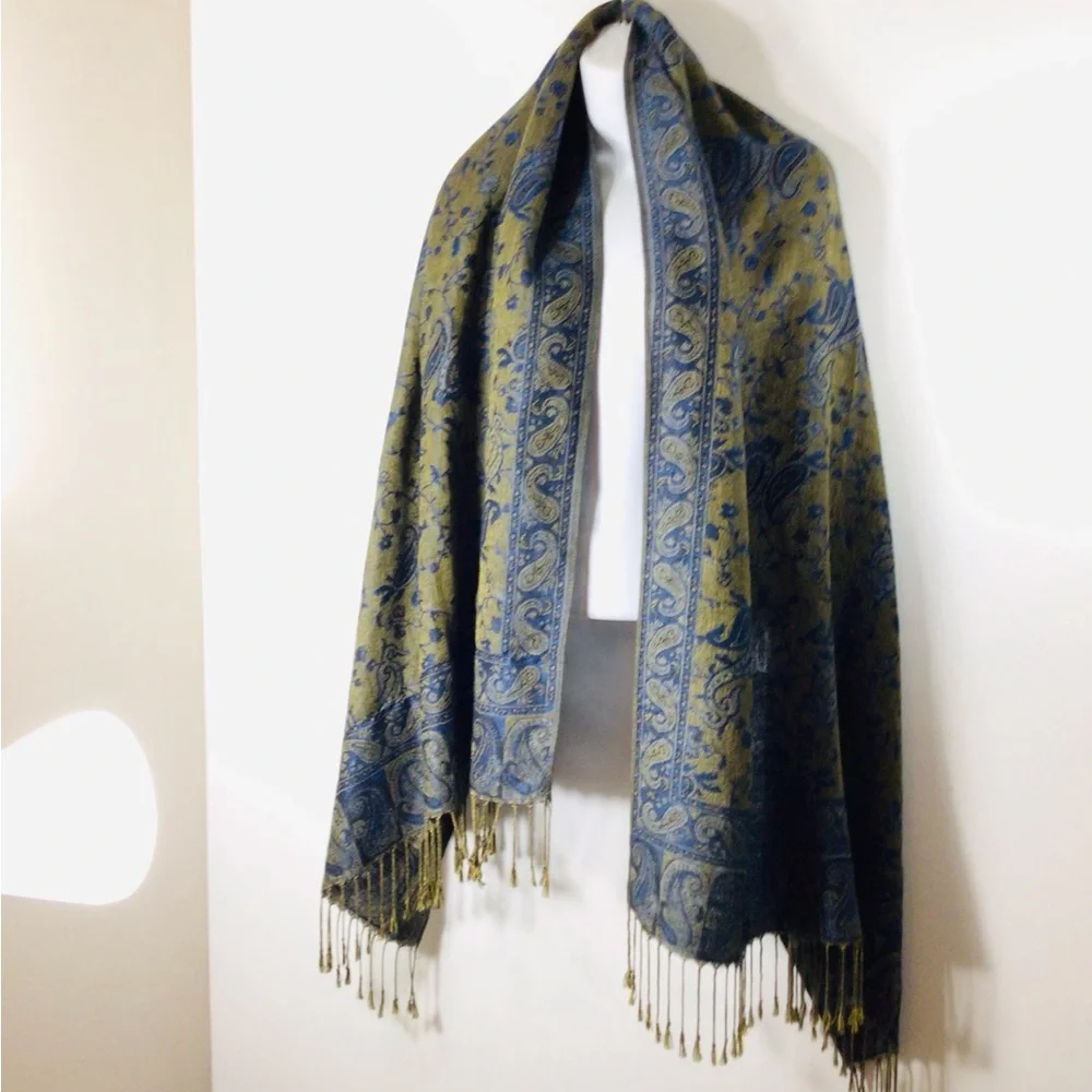 pashmina Olive Green and Navy Blue Paisley Fringe Wrap